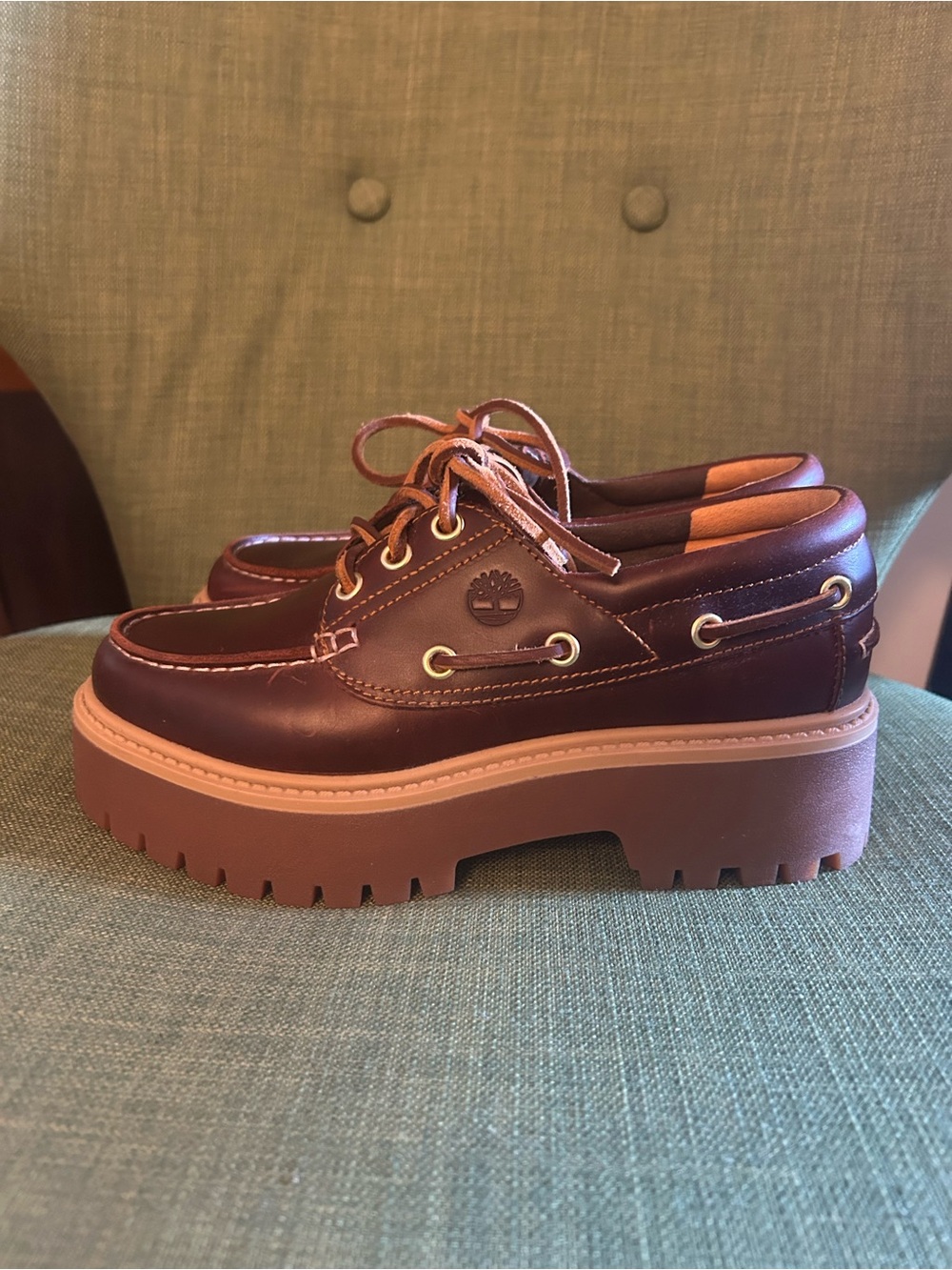 Timberland ‘root beer’ Leather stone street platform boat shoes - Picture 3 of 4